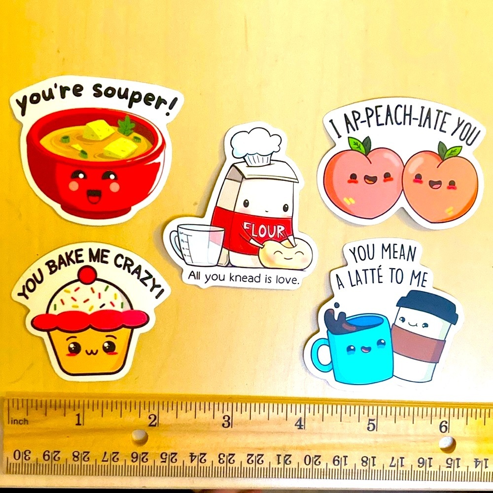 10/$10 or $1 BUNDLE: 5 Pun Fun Stickers: Love Ya! 🍲 🧁 ☕️ WATERPROOF!